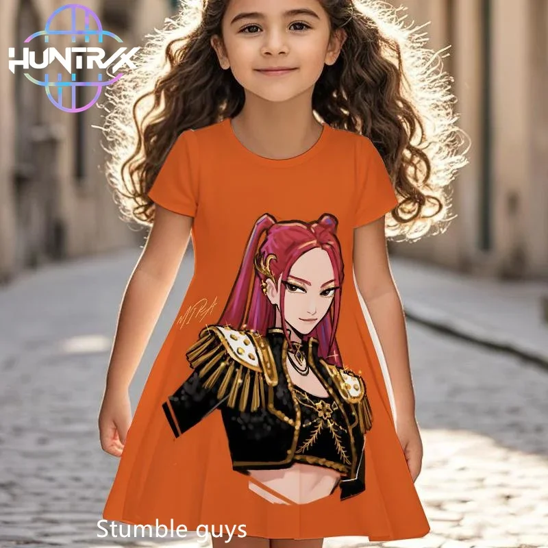 فستان Kpop Demon Hunters للفتيات الصغيرات مريح للصيف برسوم كارتونية وأكمام قصيرة للشاطئ كاجوال