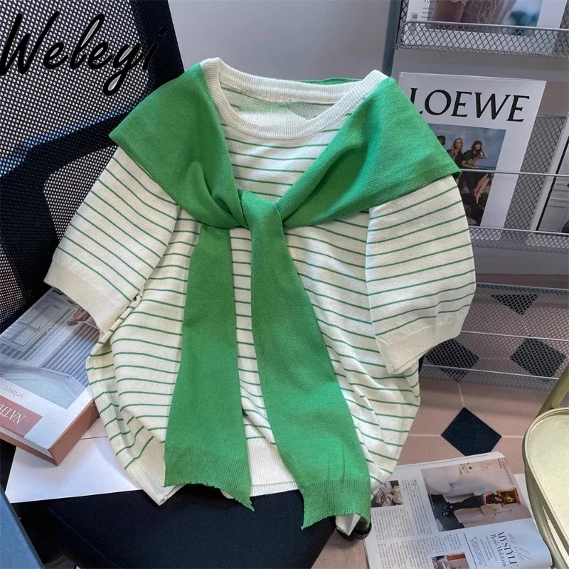 

Green Striped Ice Silk Knitted Shirt Shawl T-shirt Women's Summer Sweet Versatile Niche French Style Loose False Two Pieces Tops