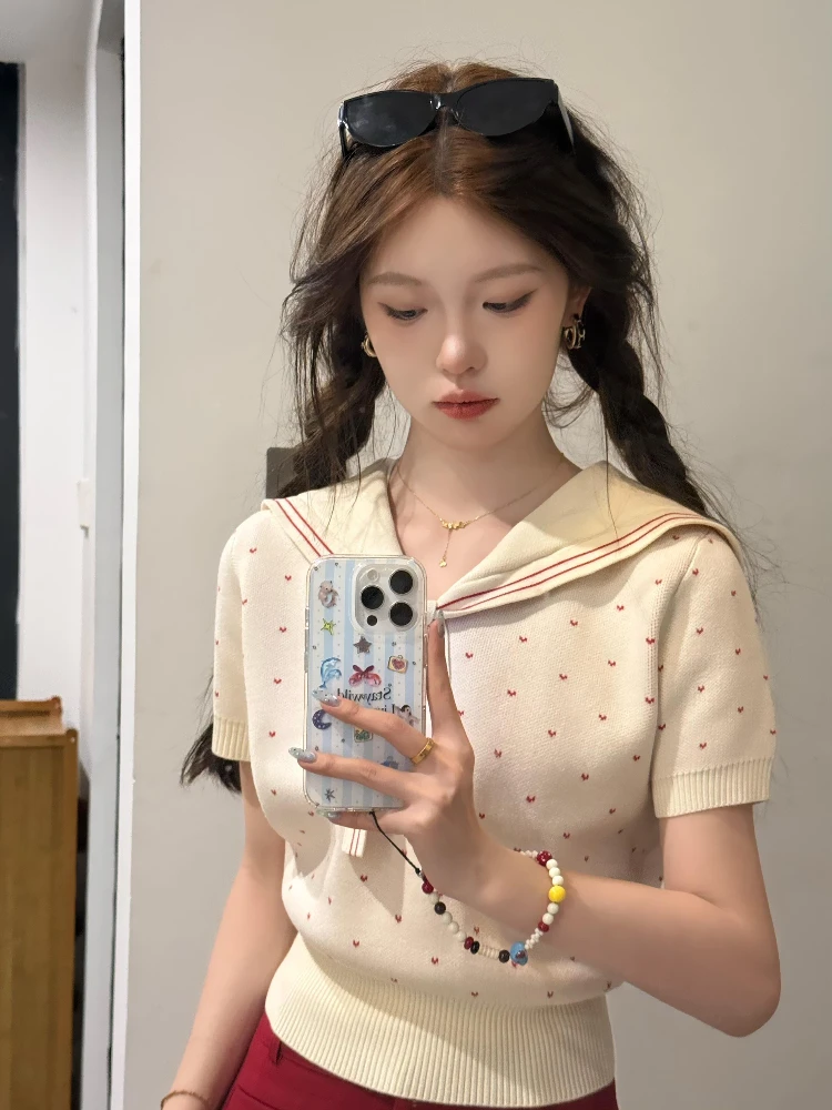 

Sweet Preppy Sle Knitted ort Sve Navy Collar Sweater Women's Summer 2025 New Arrival Heart Patterned Overhead Top