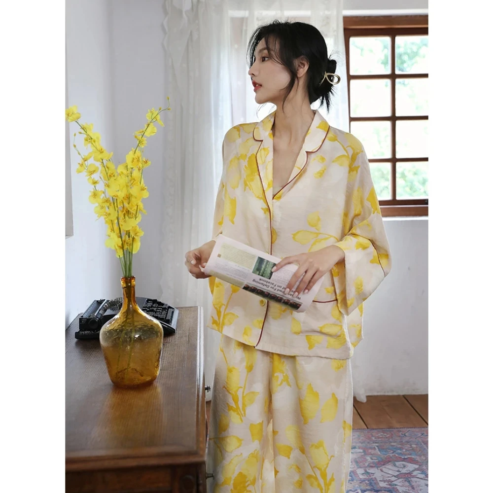 2024 Spring New Floral Printed Pajamas Set Loungewear Sleepwear Pijamas Women Long Sleeve Wide Leg Pyjama Set Woman 2 Pieces