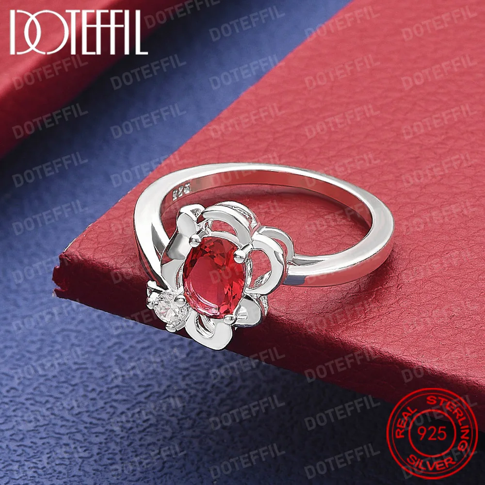 

925 Sterling Silver Red Crystal Round Ring For Woman Fashion Wedding Engagement Party Gift Charm Jewelry