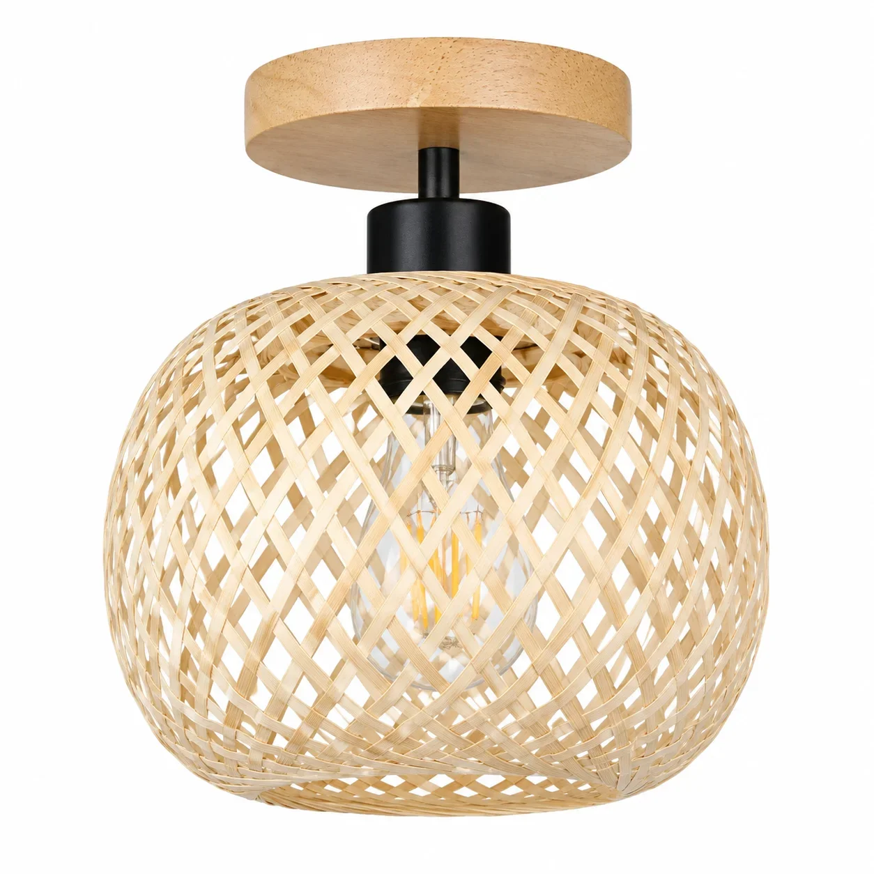 JOYINLED 1/2PCS 20cm Bamboo Flush Mount Ceiling Light, Handwoven Rattan Shade Boho Farmhouse Fixture for Bedroom Hallway Kitchen