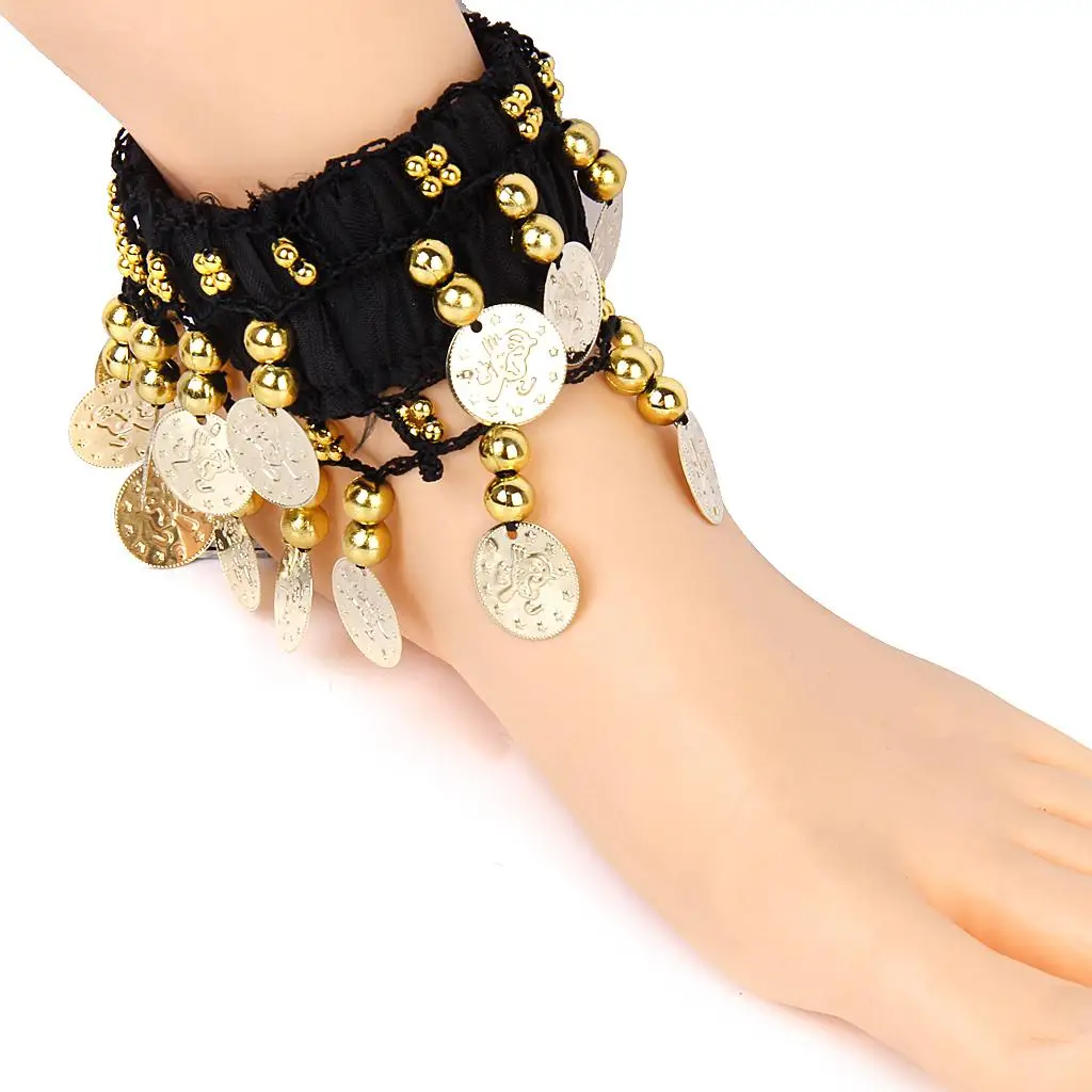 Pulsera de tobillo negra para danza del vientre, con monedas doradas, para bailarinas árabes, ideal como accesorio de vestuario para actuaciones en el escenario.