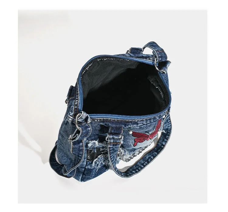 Y2K Grunge Shoulder Bag Vintage Distressed Denim Tote, Rivet Punk Rock Purse, Alternative Goth Accessory, Hip Hop Streetwear