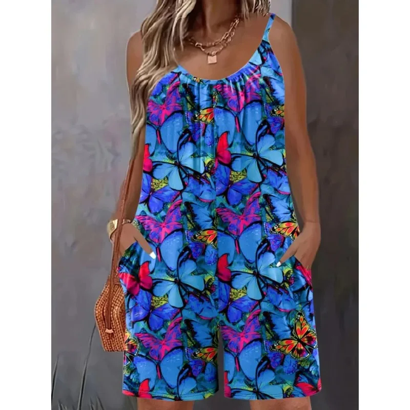 

New Plus Size Butterfly Print Pocket Strap Bohemian Style One-Piece Shorts