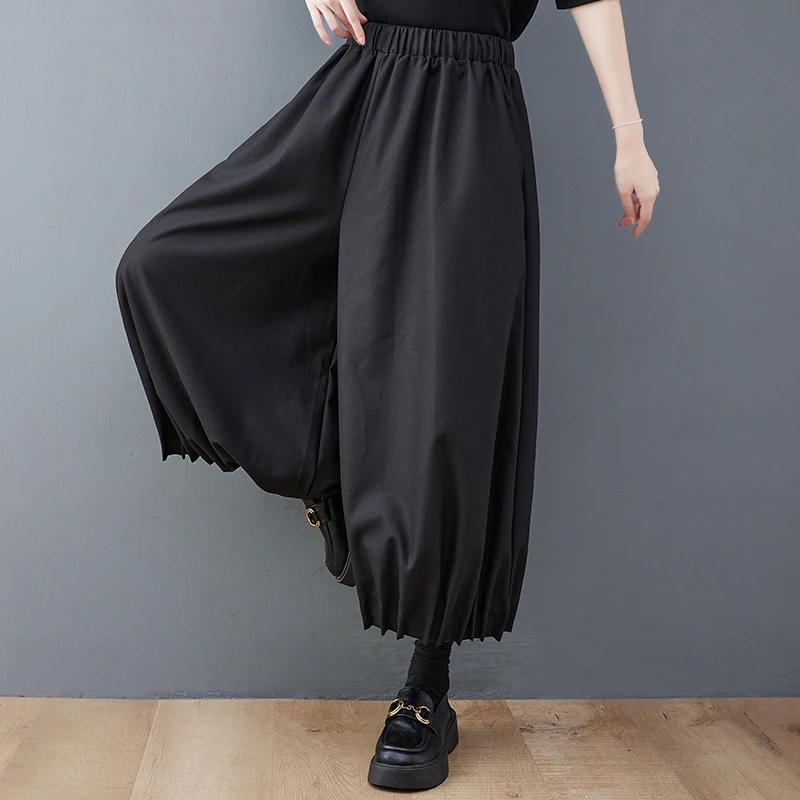 

Широкие брюки с высокой талией, плиссированные цвета, большие размеры, женские повседневные брюки со свободной талией, большие бедра, семь очков, осень