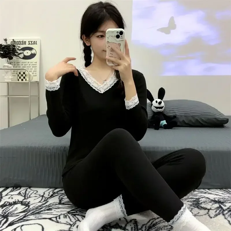 

2025 Autumn Long Sleeve Sexy Lace V-neck Thermal Bottomed Underwear Sets for Women Cute Long John Body Shaper Bodysuit Shapewear
