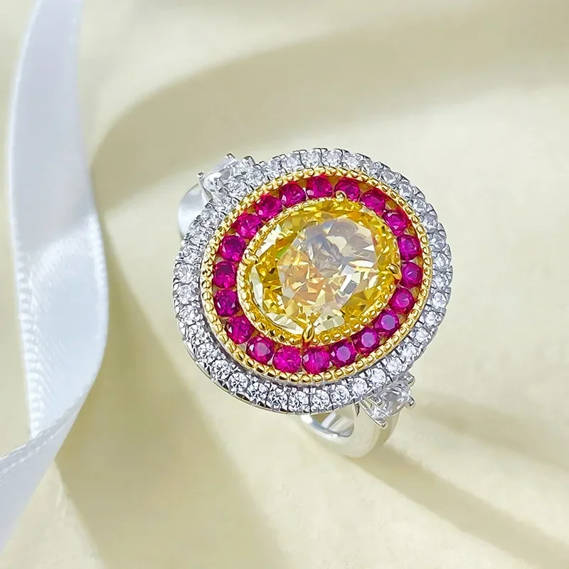 

New Popular S925 Silver Set High Carbon Diamond 7 * 9mm Yellow Diamond Saint Petersburg Fortune Ring Women's gift Jewelry