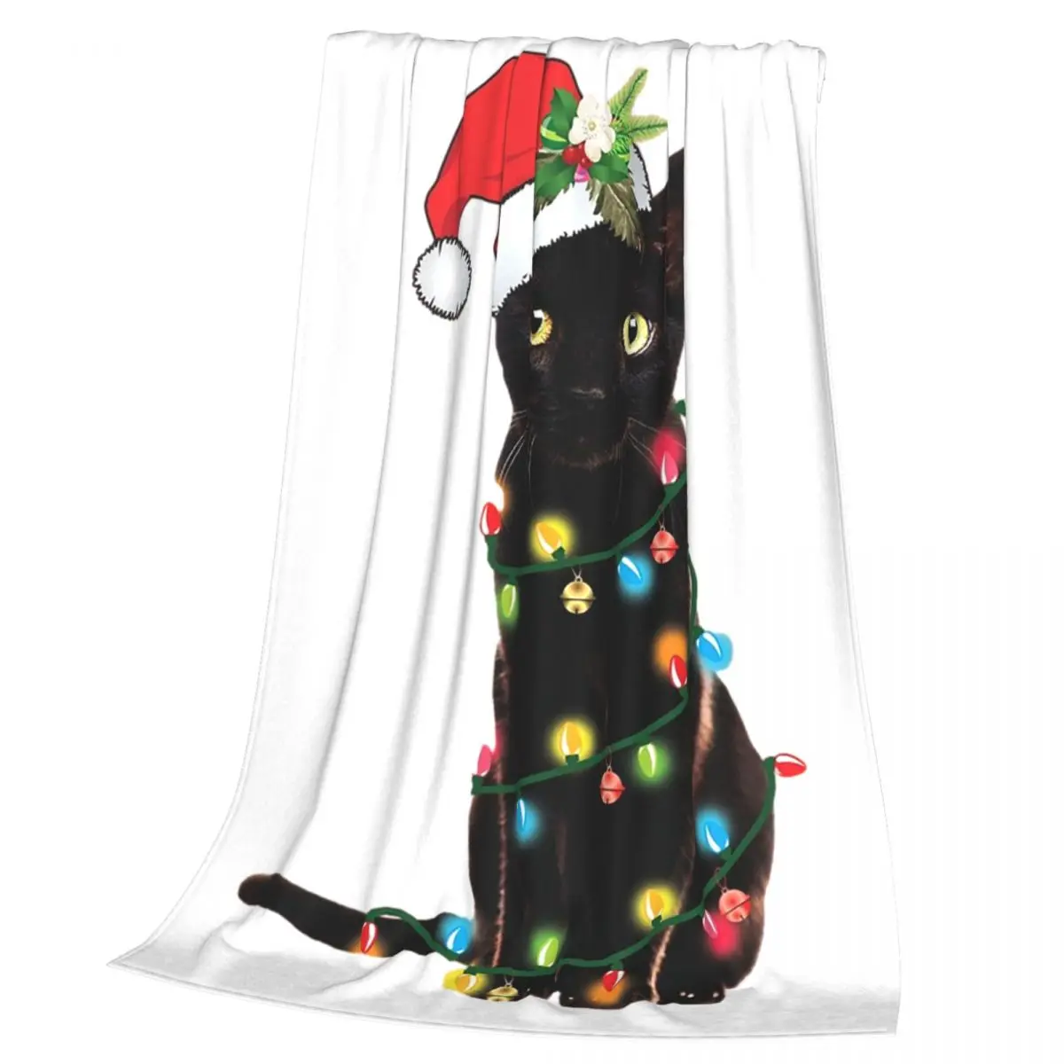 Black Santa Cat Tangled Up In Lights Christmas Santa Blankets Warm Flannel Throw Blanket Bedspread for Bed Travel Home Couch