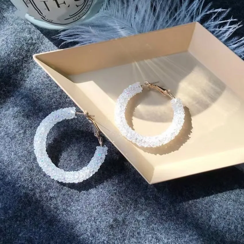 New Design Fashion Charm  Crystal Hoop Earrings Geometric Round Shiny Rhinestone Big Earring Jewelry Women