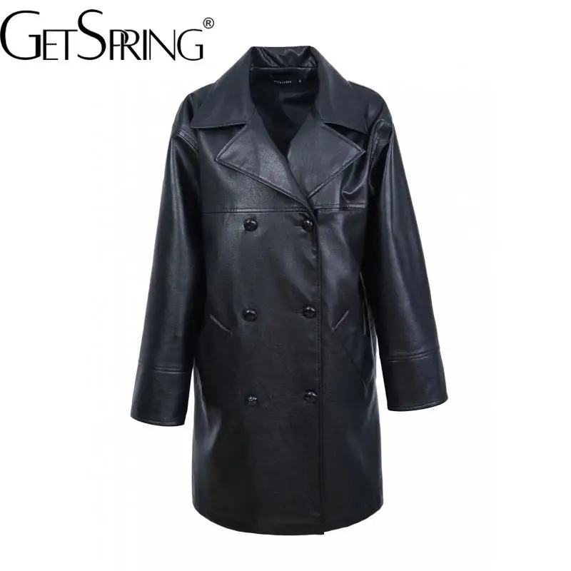 Yuerwang Faux Leather Jack Coat 2024 Women Autumn Winter New Double Breasted Loose Long PU Coat Fashion All Match Black