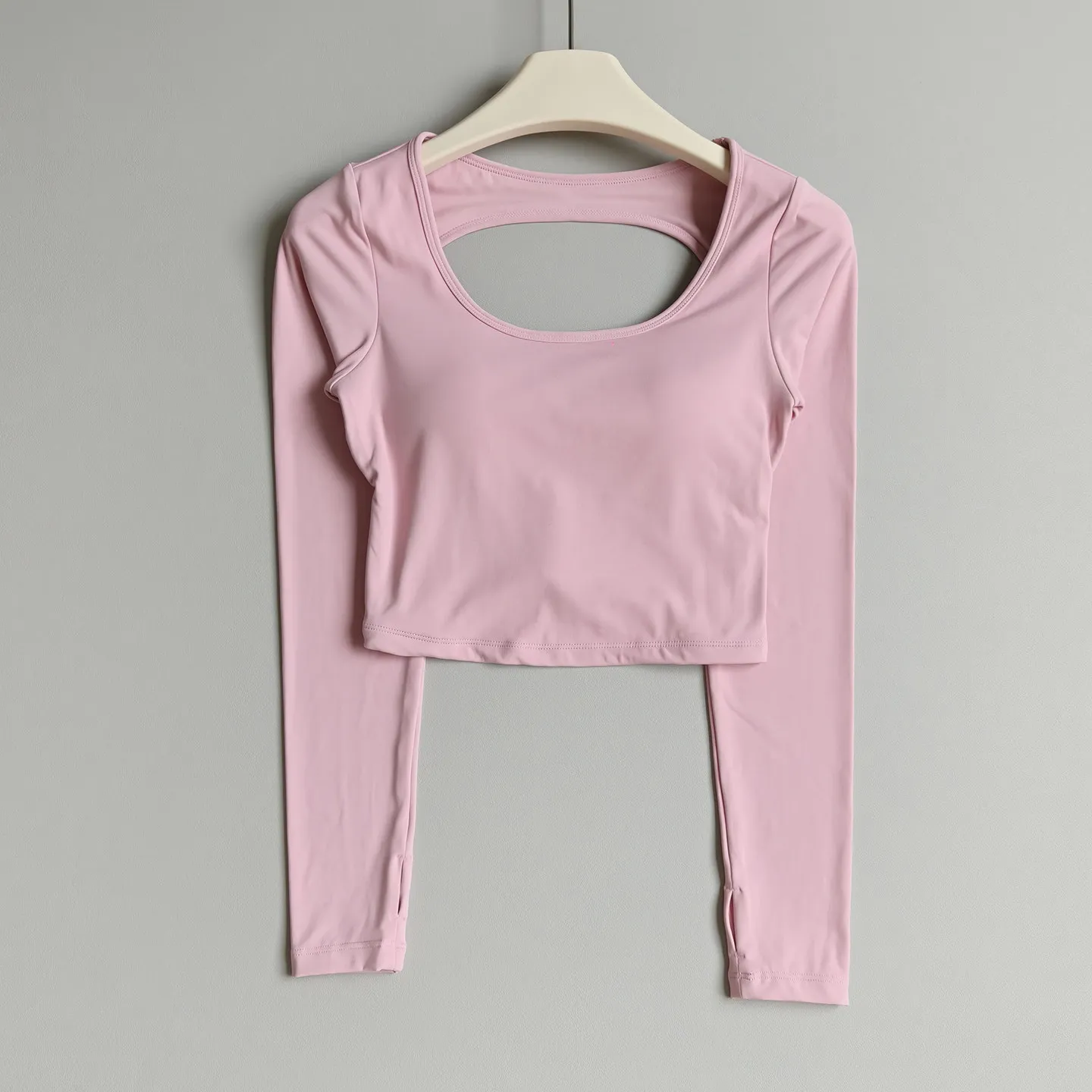 Women Long Sleeve Yoga Top Crisscross Open Back Built-in Bra U-Neck Thumb Hole Workout Shirt Gym Fitness Sports Crop Top