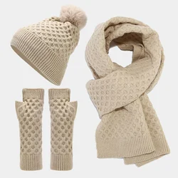 Knitted Hat And Scarf 3 Piece Set Women Large Head Suitable For Thickened Winter Snowflake Warm Hat Gloves Scarf Set