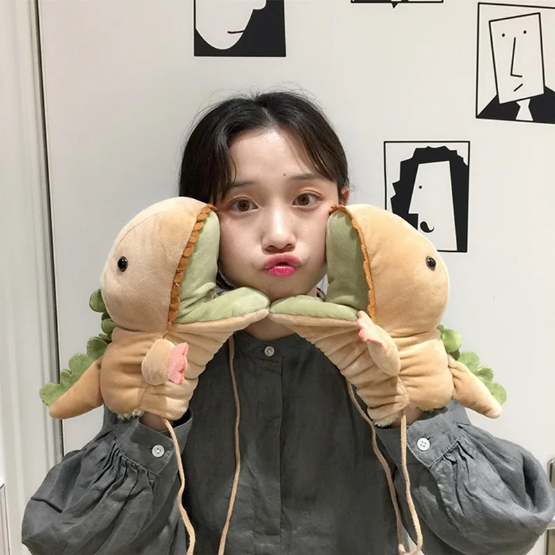 2025 New Autumn and Winter Hand Puppet Gloves Dinosaur Gloves Female Student Cartoon Hanging Neck Cute Warm and Thick Girl Gift