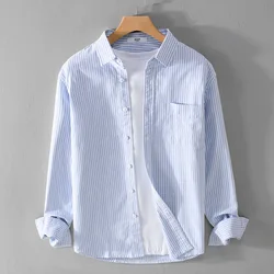 9869 100% Cotton Striped Shirt Men's Spring Fall Fashion Simple Long Sleeve Pocket Fresh Style Blouse Top Oxford Casual Clothing