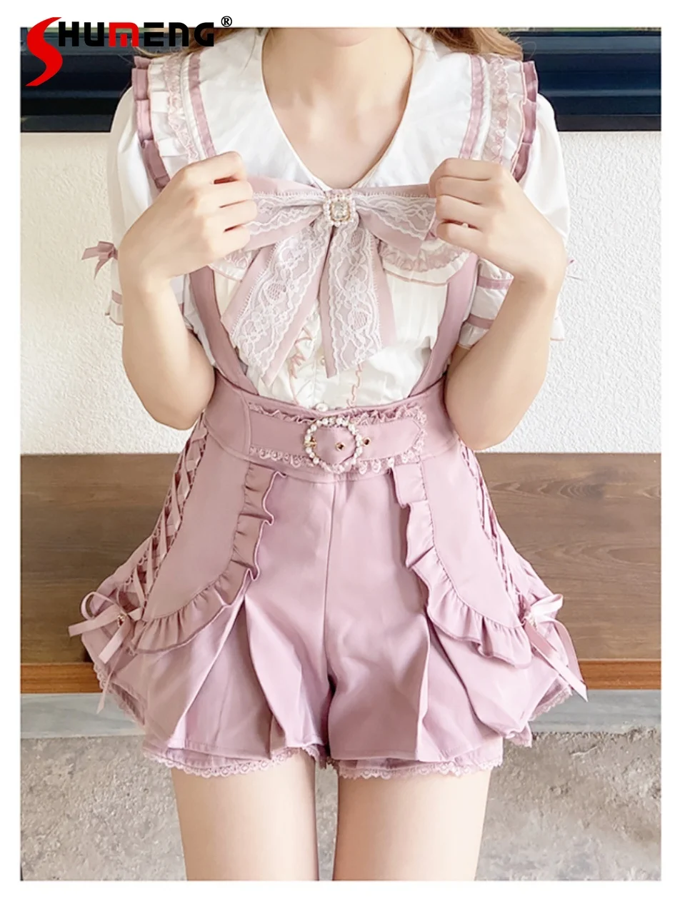 

Japanese Style Mine Mass-Produced Soft Girl Sweet Cute Lace-up Bow Ruffled Pearl Belt Buckle Overalls Suspender Shorts for Women