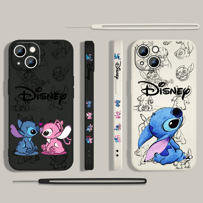 Disney-超かわいいステッチフォンケース、液体左ロープ、Apple iPhone 15、14、13、12、11 pro max、plus、8、7、se用のソフトカバー