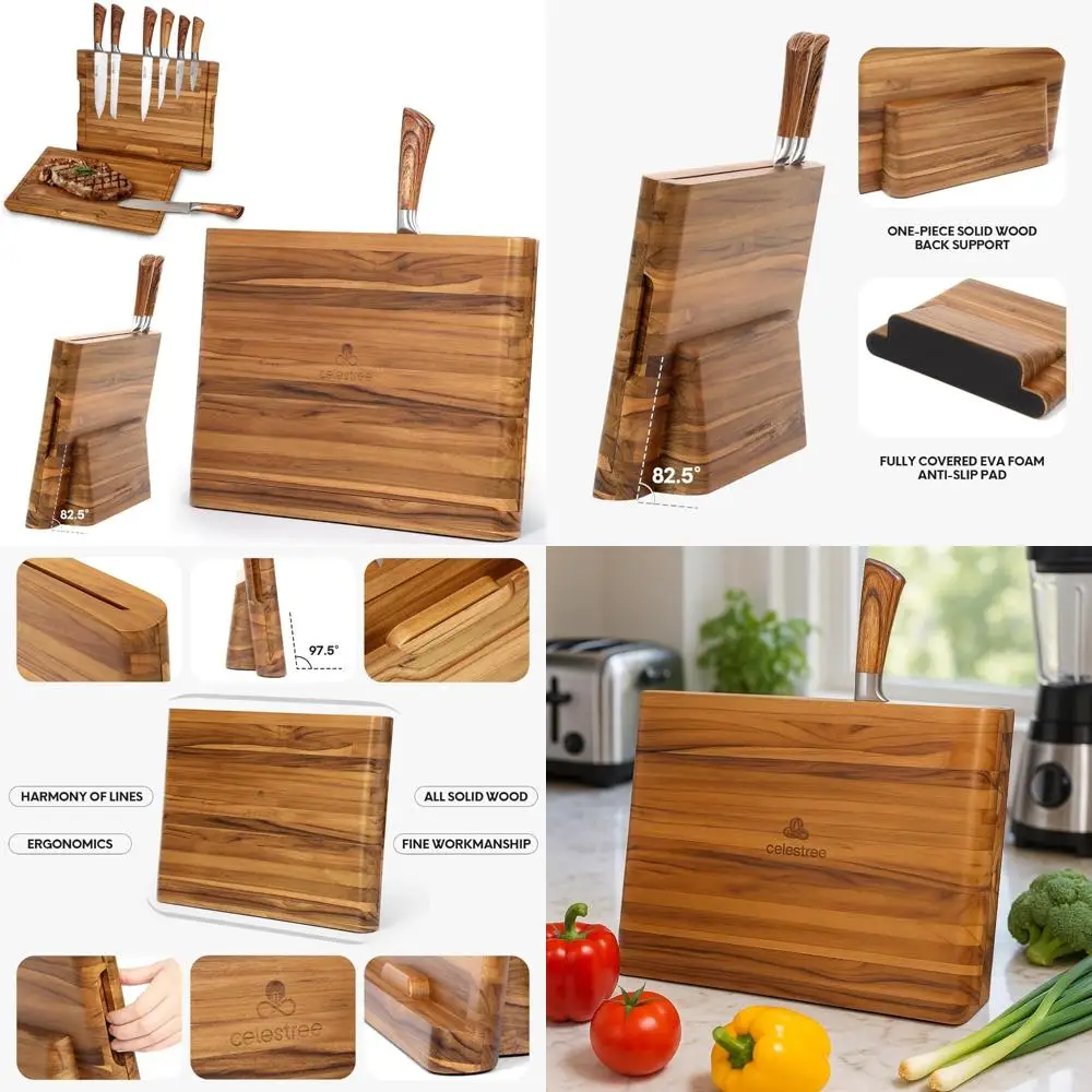 

Premium Natural Teak Wood 2-in-1 Magnetic Knife Block and 16x11 Cutting Board with Juice Grooves
