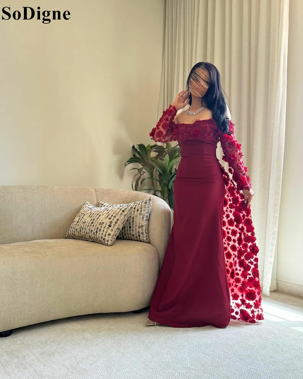 SoDigne Elegant Burgundy Evening Dresses Floral Appliques Flowers Mermaid Draped Party Dress 2024 Exquisite Prom Gowns for Women