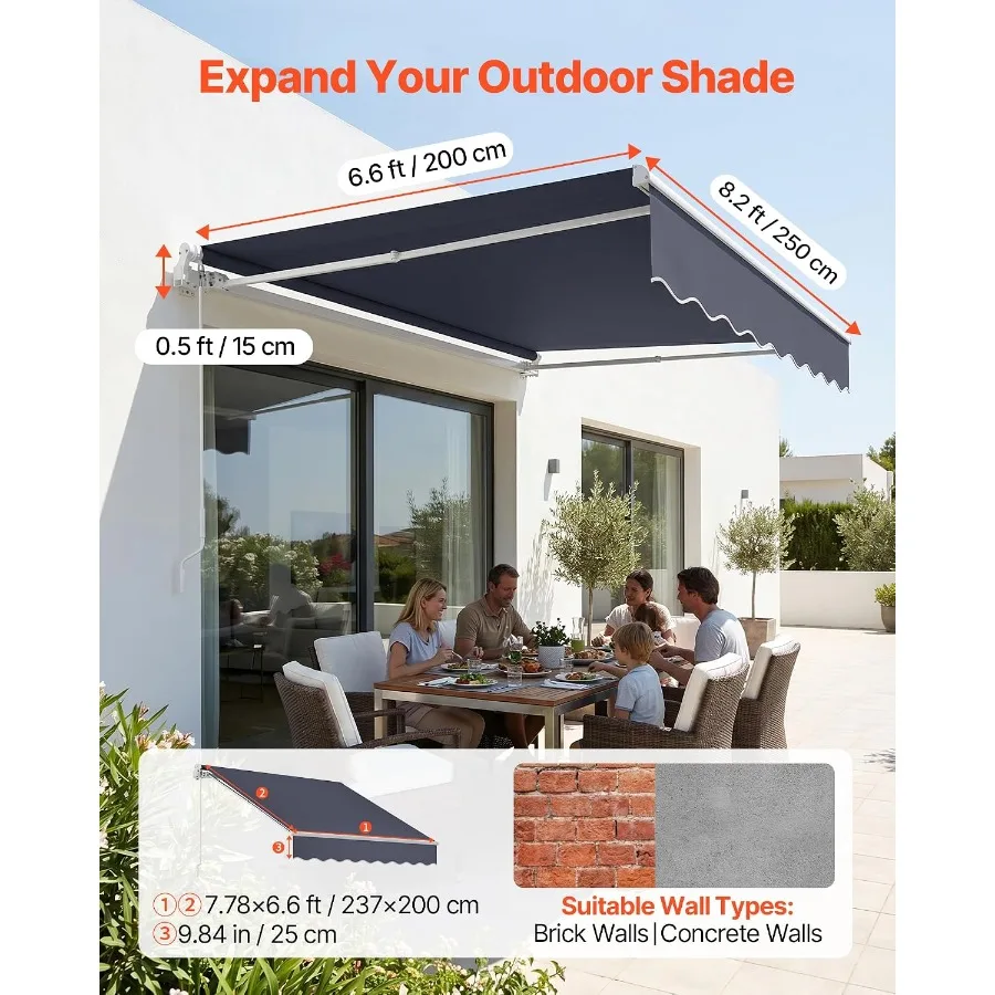 Retractable Awning, Outdoor Patio Awning Retractable Sun Shade, Patio Door Window Water-Resistant Polyester Sunshade Shelter wi