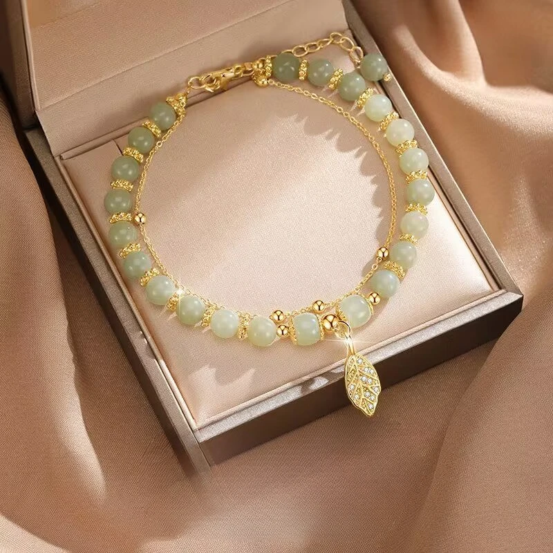 Natural Hetian Jasper Golden Branch Jade Leaves Bracelet Exquisite Sexy Young Girls Fashion Jewelry Best Selling Holiday Gift