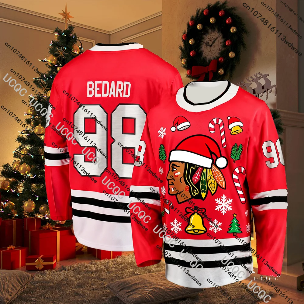 عيد الميلاد تحت عنوان BEDARD No.98 هوكي الجليد رجل جيرسي شيكاغو عيد الميلاد طبعة محدودة الهوكي جيرسي المشجعين هدية الكريسماس تي شيرت #3