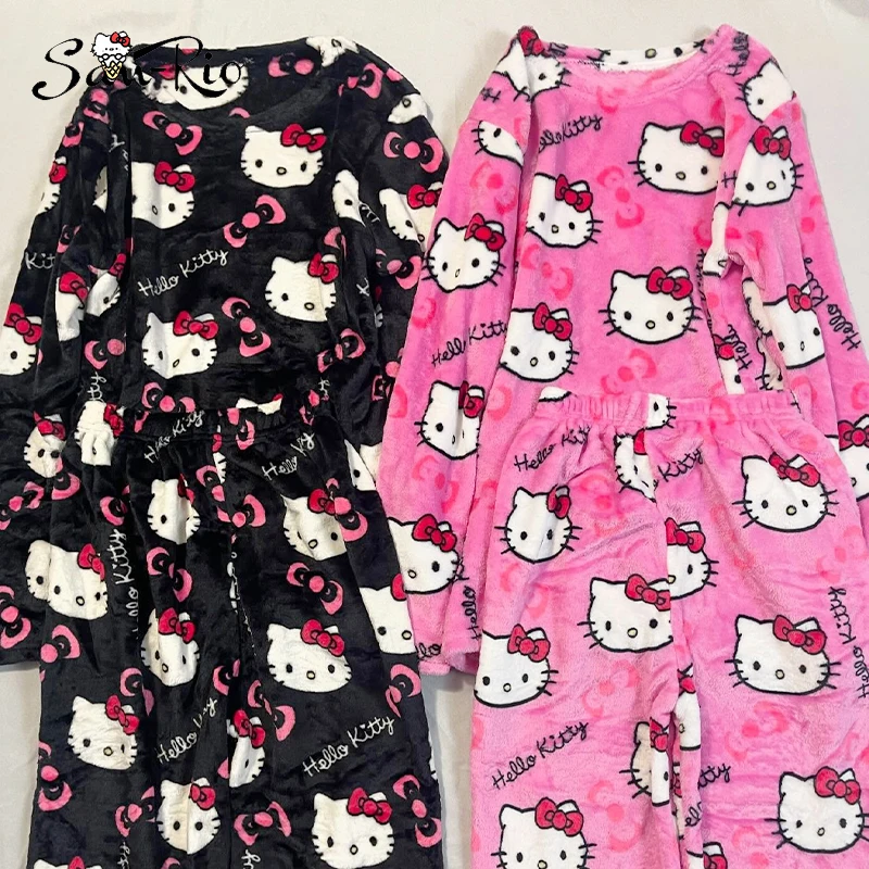 

Sanrio Hello Kitty Pajamas Set Female Flannel Winter Warm Sleeping Wear Cartoon Home Clothes Cozy Sleepwear Gift for Holidays