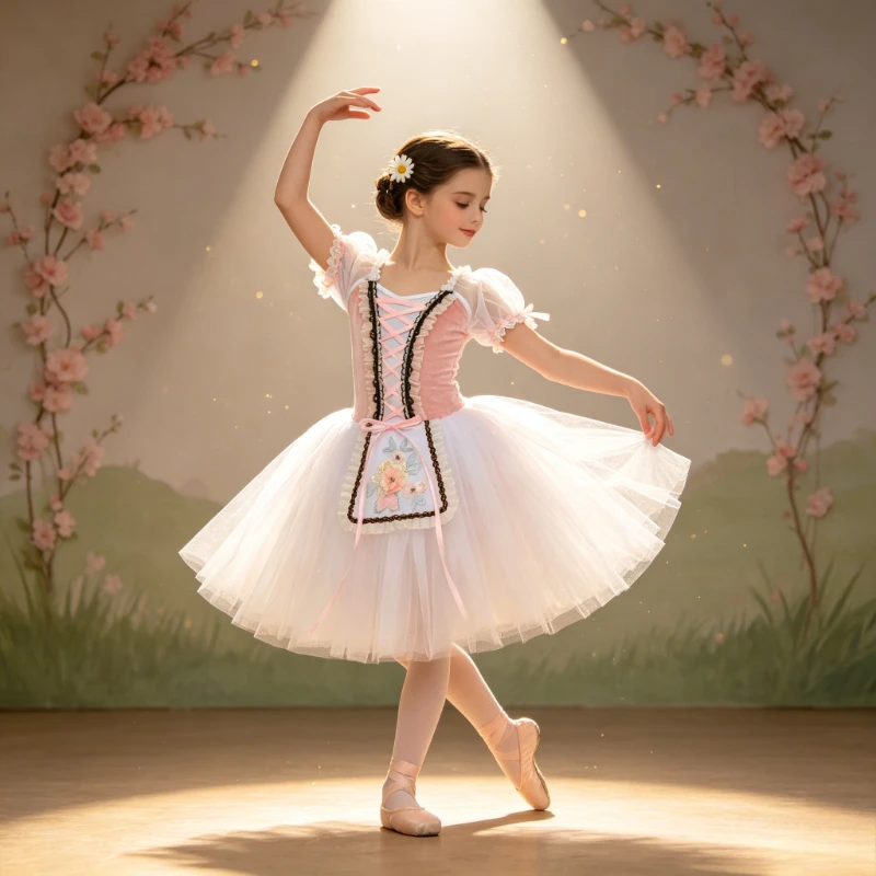 Ballet Tutu Dress Giselle Style, Velvet Body Short Puff Sleeves Ballerina Dancewear Gymnastics Leotard Performance Costume