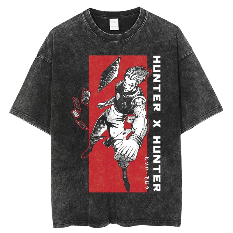 New Anime Hunter x Hunter Washed T-shirts Mens Clothing Graphic Manga Harajuku Tees Unisex Summer Top Male Streetwear