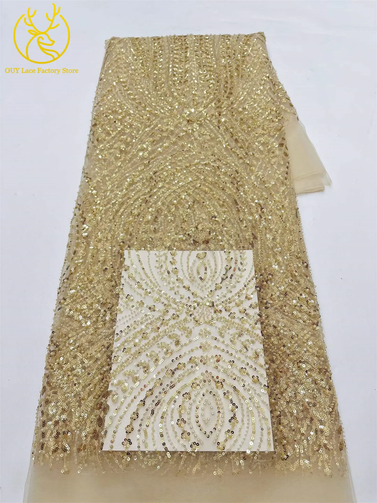 5 Yards afrikanischer Perlen-Pailletten-Spitzenstoff 2026 Hochwertiger nigerianischer französischer Tüll-Mesh-Spitzenstoff für Hochzeitskleider zum Nähen – Detail 14