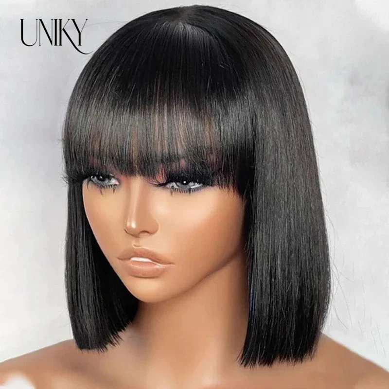 Short Straight Bob Human Hair Wigs With Bangs Full Machine Made Wigs For Black Women Glueless Fringe Wig Brazilian Cheap Wigs