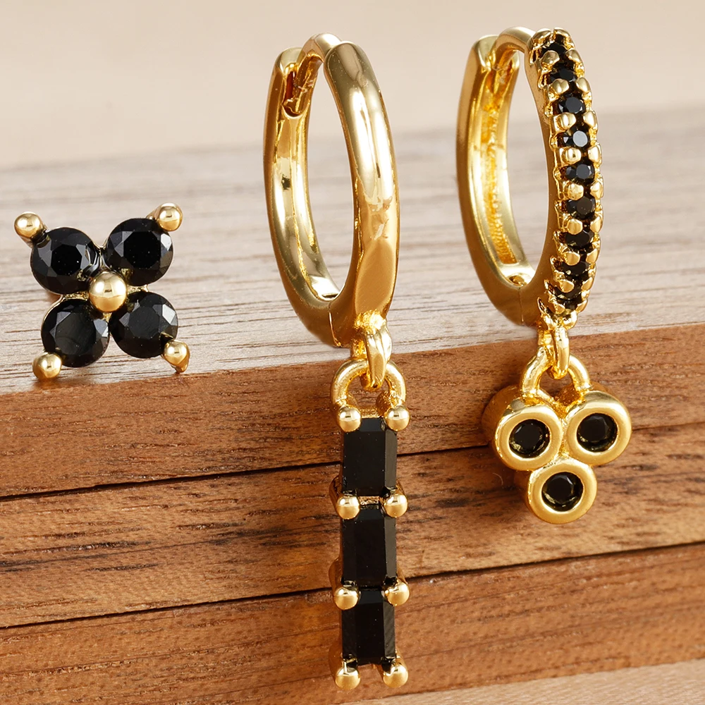 3 Stück Edelstahl schwarz Zirkonia Tropfen Ohrringe Set für Frauen quadratische Blume Quaste Anhänger baumeln Ohrring Piercing Schmuck
