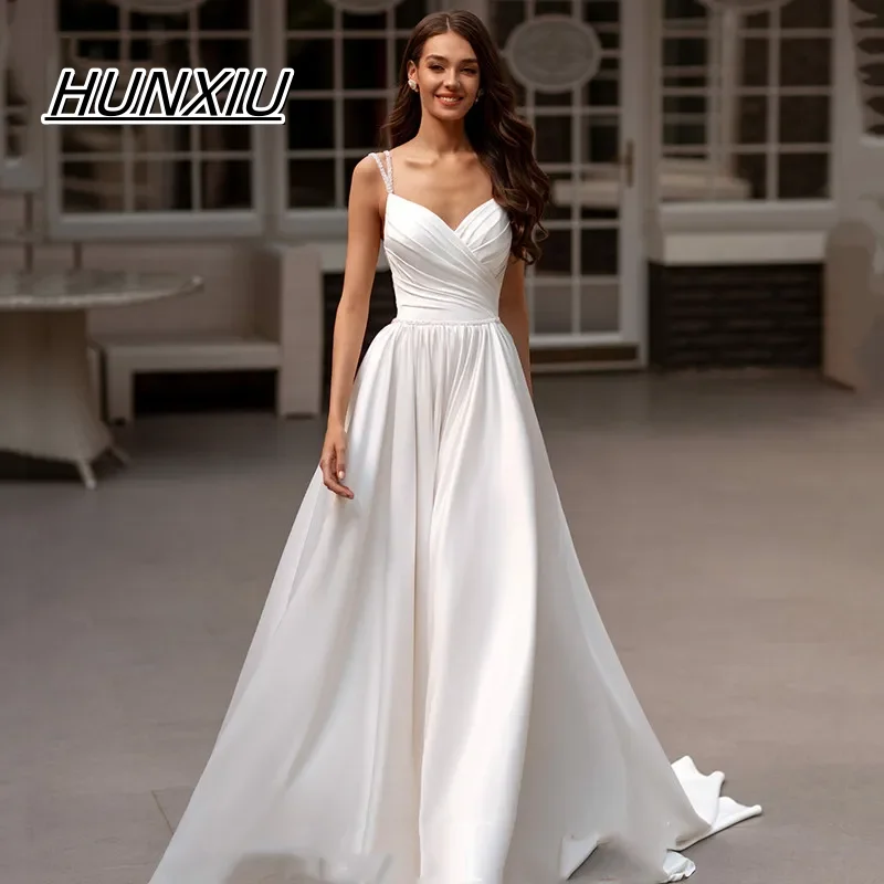 Vestidos de novia con tirantes finos personalizados, línea A, cuello en V, plisados, vestidos de novia con abertura lateral, vestidos de fiesta de boda