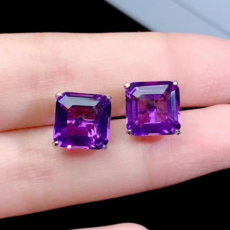 Total 10ct Natural Amethyst 10mm*10mm VVS Grade Amethyst Stud Earrings Prevent Allergy 925 Silver Jewelry with Gold Plating