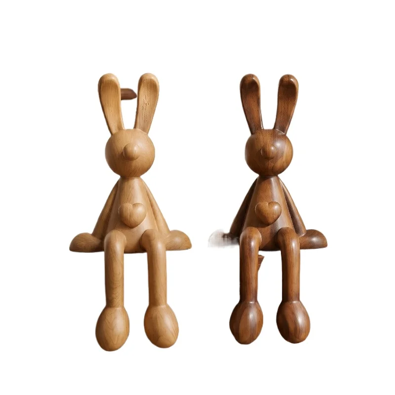 Vintage Wood Grain Rabbit Statue Dangling Legs Design Aesthetic Decorative Ornament for Home Entryway TV Cabinet Study Desktop