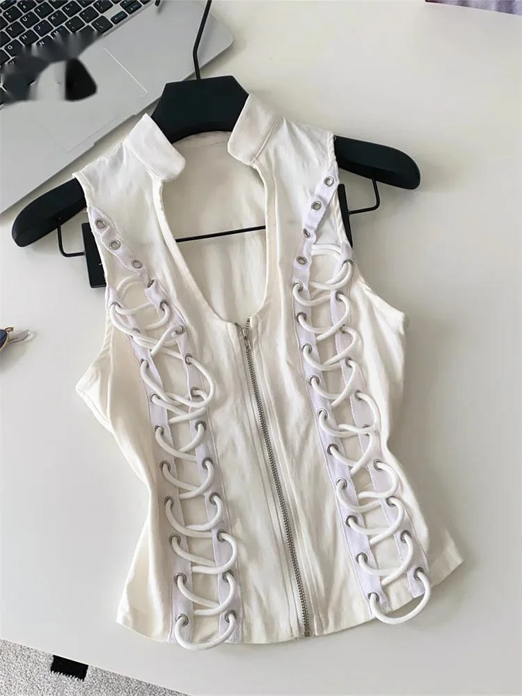 

Уличная одежда, тонкая майка на шнуровке, женская майка с v-образным вырезом, без рукавов, на молнии, шикарный модный топ, ажурный сращенный жилет