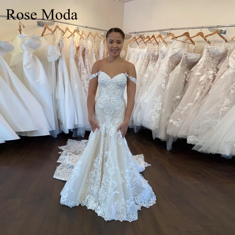 

Rose Moda Off Shoulder Straps Lace Mermaid Wedding Dresses Destination Bridal Gown Custom Make