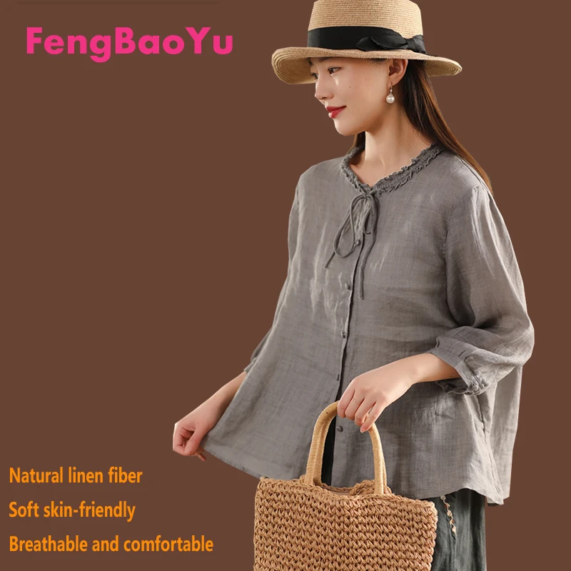 

Женская рубашка из 100% натурального чистого льна, светло-голубой, черный топ на шнуровке с воротником-ушанкой, элегантная женская деловая повседневная рубашка весна-лето