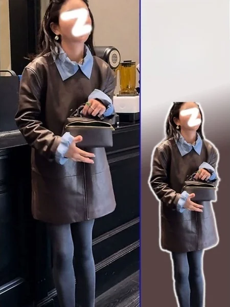 

Ретро-костюм из коричневой кожи большого размера для женщин: новая весенне-осенняя коллекция, комплект из двух предметов, стройнящий силуэт, модная повседневная одежда