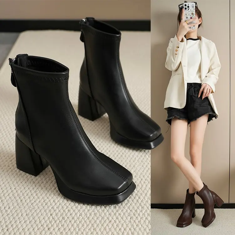 Damen Plateau-Stiefeletten mit eckiger Spitze, Reißverschluss hinten und Blockabsatz – Modische kurze Stiefel – Detail 1
