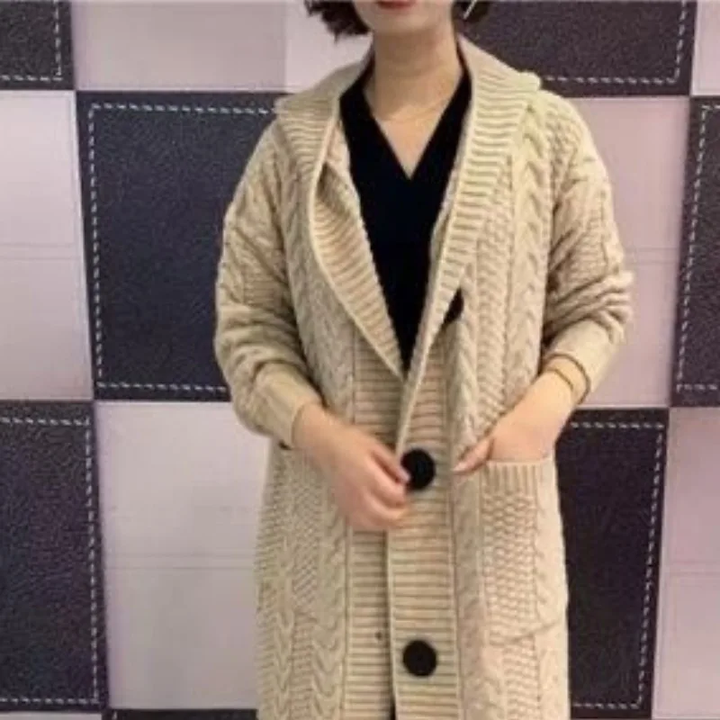 

2023 Spring Autumn New Jacquard Twist Loose Vintage Style Sweater To Wear Cardigan Long Large Pocket Hooded Knit Minimal Coat