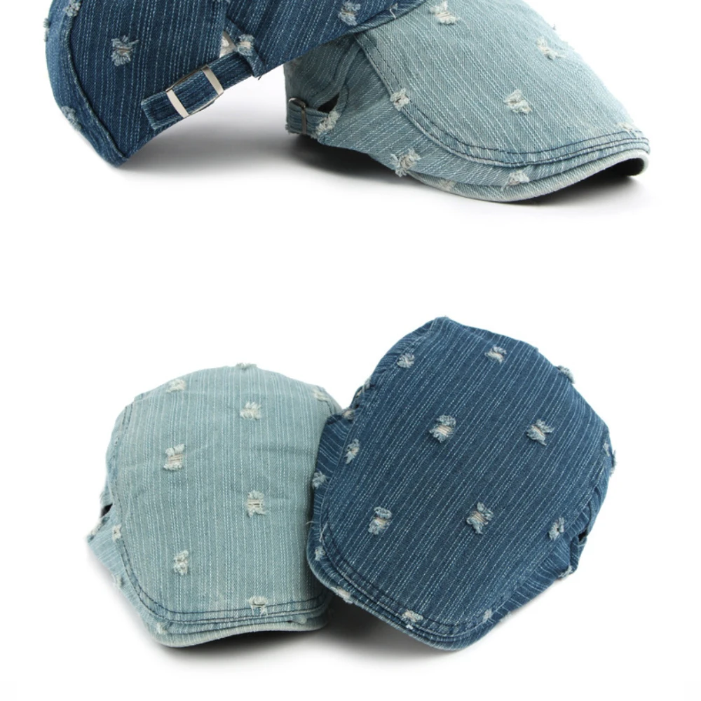 HT5099 Herren- und Damen-Baskenmütze, Retro-Künstlermütze aus Baumwolle, Verstellbare Ivy-Flatcap für Männer und Frauen, Frühling-Herbst Denim-Baskenmütze – Detail 4