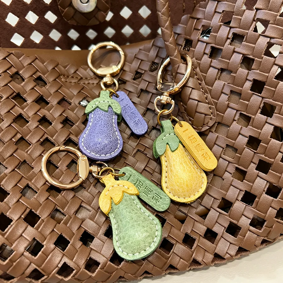 Cow Leather Purple Eggplant Bag Charm Vegetable Leather Keychain for Women Men Bag Pendant Accessory Holiday Gift