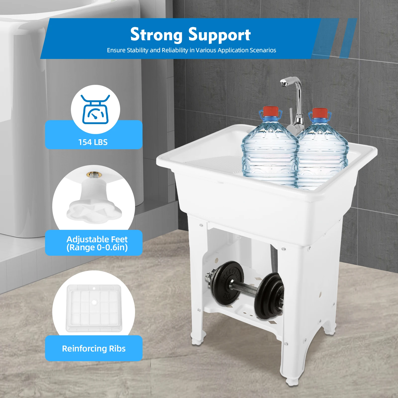 White Utility Sink Laundry Tub Washing Room Basement Garage Wash Station,Utility Sink w/ 360° Rotating Faucet,Adjustable Feet