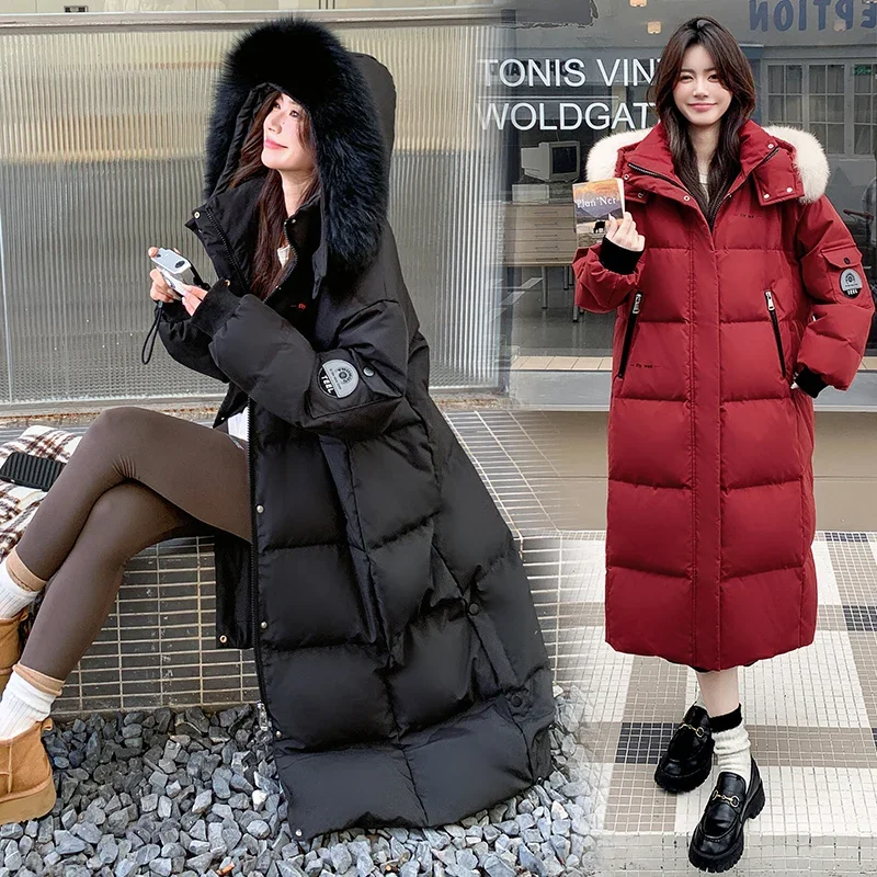 New Design Women's Large Size Jacket Fur Collar Long Windproof Duck-Filled Temperament White More Warm Cotton Filling