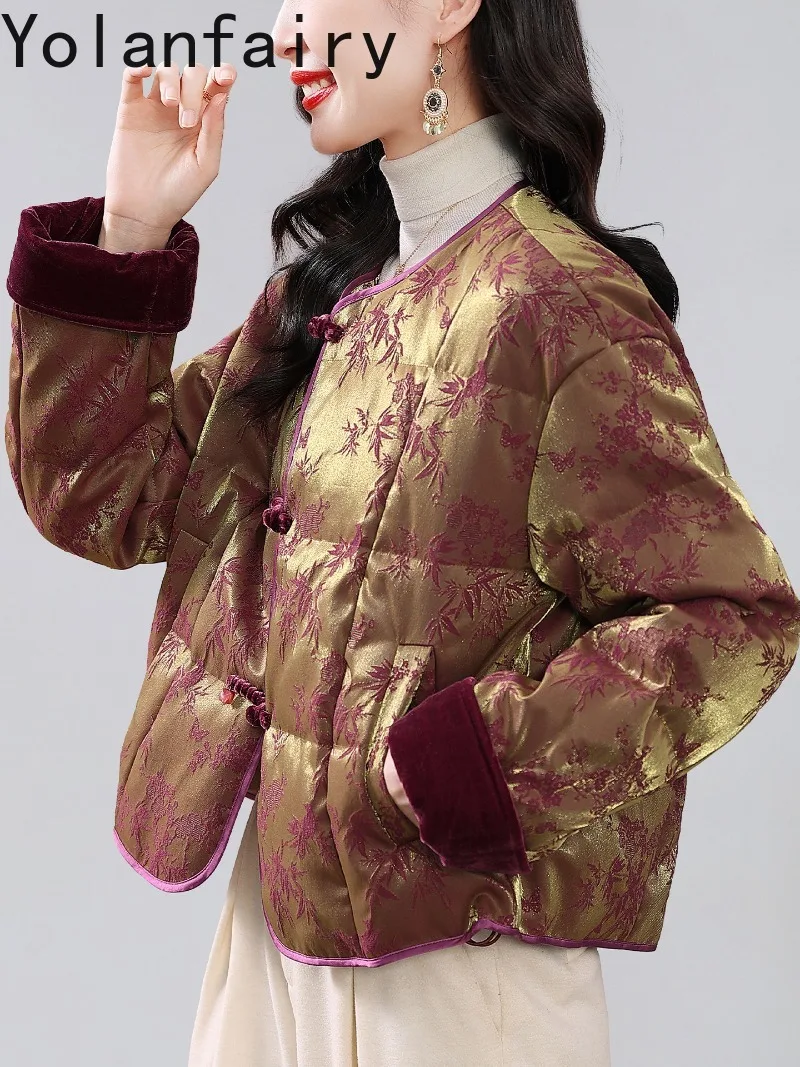 YOLANFAIRY New Elegant 90% White Duck Down Jacket Women Winter Fashion Jacquard Puffer Coats Round Neck Vintage Short Down Coat