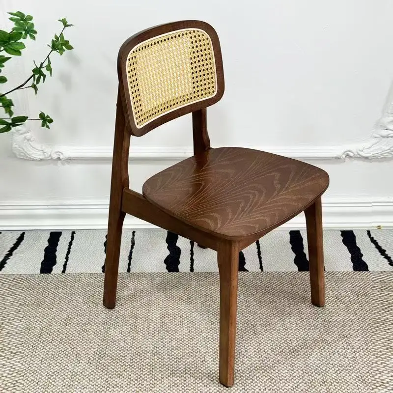 Nordic Solid Wood Chair with Backrest, Woven Rattan Dining Chair, Home Use, Minimalist Aesthetic, Rattan Chair