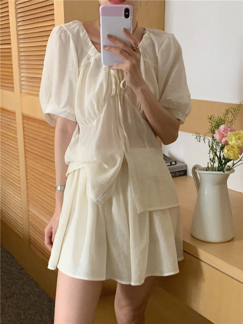 2024 Oversize Solid Girls Summer Blouse Women Suit Short Sleeves Shirt Tops High Waist Wide Leg Trousers Two Piece Shorts Suits