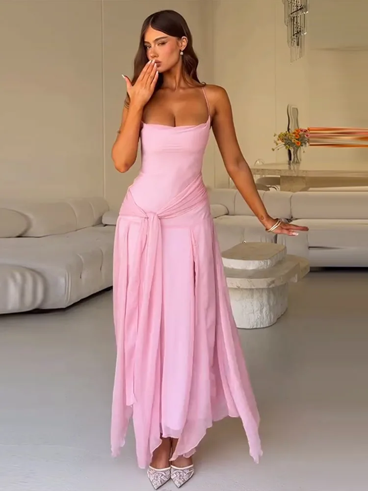 Asymmetrisches Langes Schnürkleid für Damen Sexy Spaghetti-Träger Ärmellos Rückenfrei Hoher Schlitz Schlankes Party-Abendkleid Neues Vestido – Detail 11