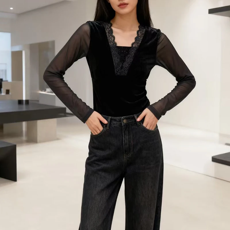 

Черный, корейский, стиль, осень, зима, футболка, сексуальный, лоскутный, бархат, кружево, бриллианты, женские, топы, рубашка с длинным рукавом, футболки, 5112502